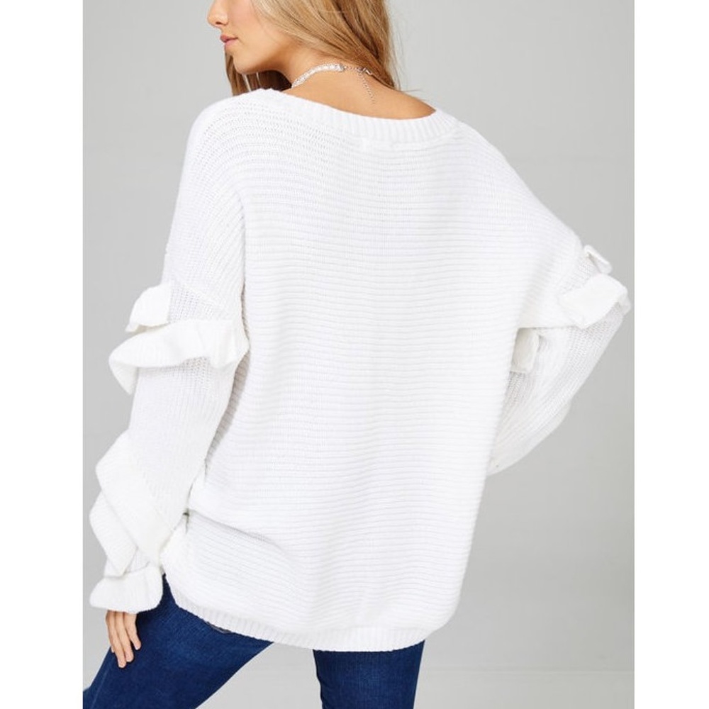 White Ruffle Sleeve Ribbed Sweater Pullover - Picture 3 of 8